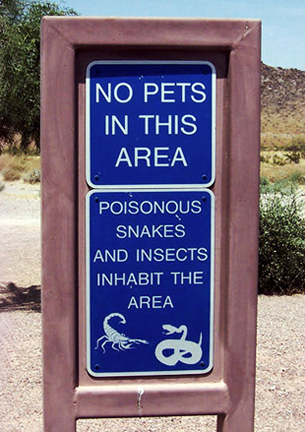'POISONOUS SNAKES AND INSECTS' sign at an Arizona rest stop